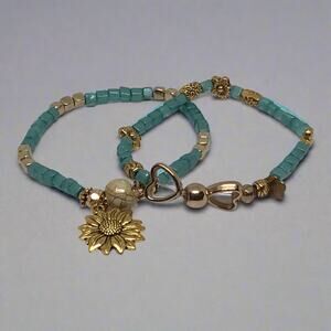 Vintage Inspired Glass Beads Bracelet Set Teal Gold Retro Design Eclectic Unique